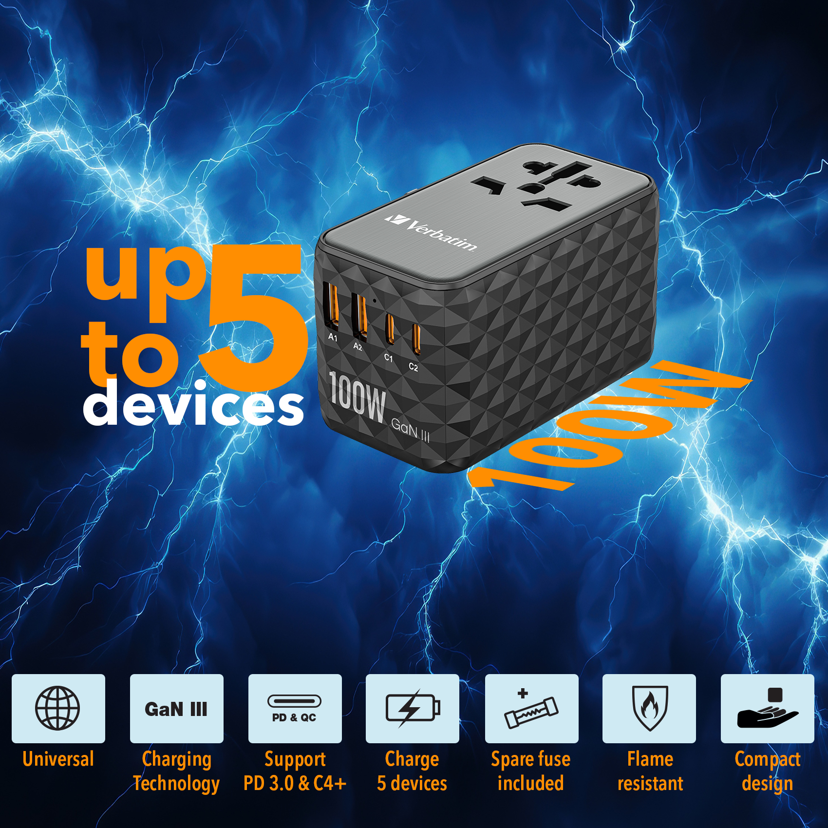 Verbatim UTA-06 100W GaN III Universal Travel Adapter 32121 - Image 2