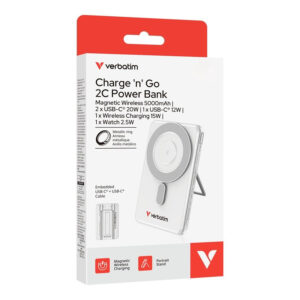 Verbatim 5,000mAh Charge n Go Two Cable Magnetic Wireless Charging Power Bank Silver 32276