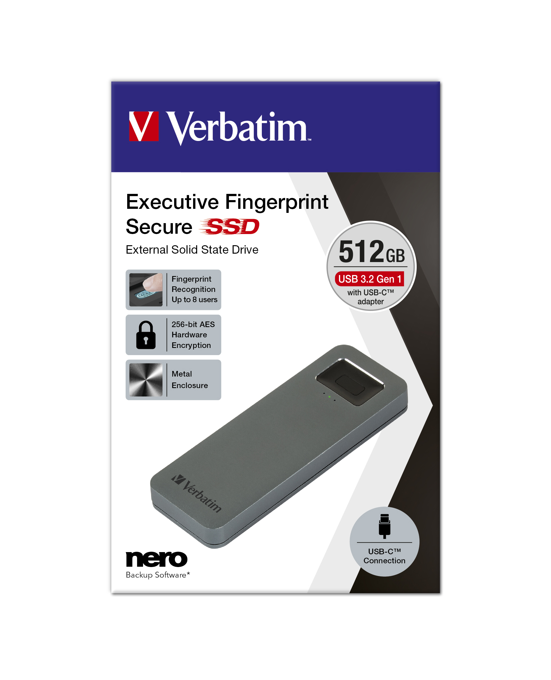 Verbatim Executive Fingerprint Secure 512GB USB-C External SSD 53656