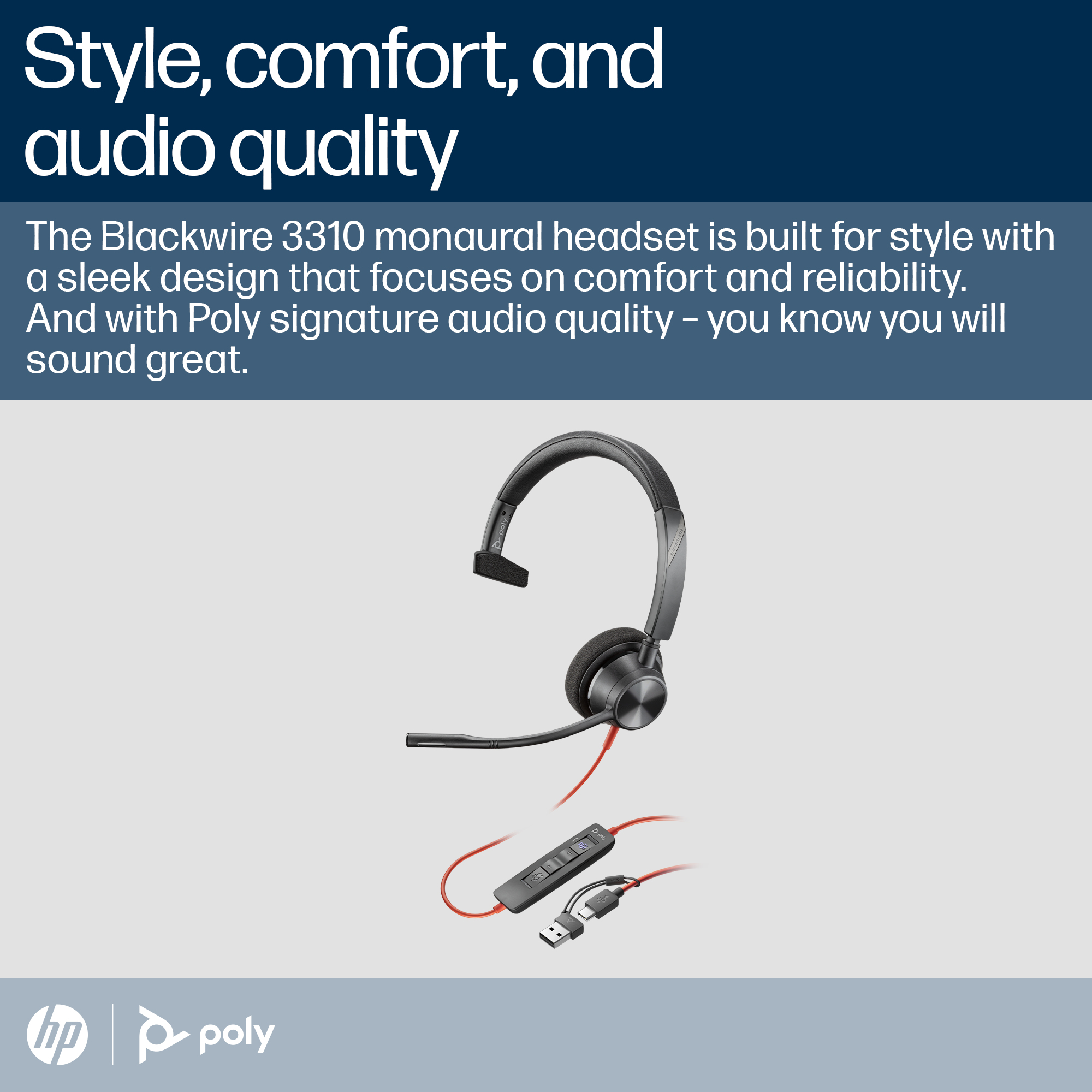 Poly Blackwire 3310 MS Mono USB-C Headset with USB-A Adapter 8X216AA - Image 2