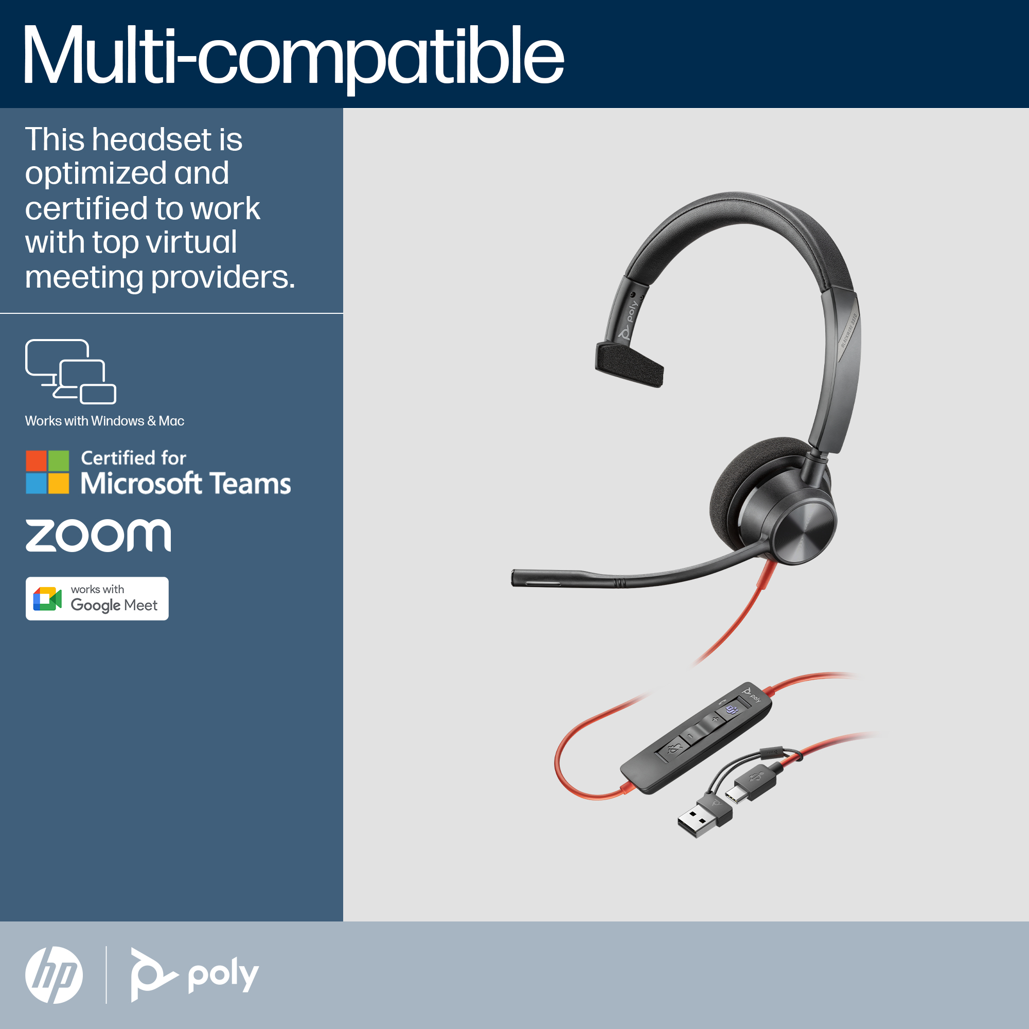 Poly Blackwire 3310 MS Mono USB-C Headset with USB-A Adapter 8X216AA - Image 3