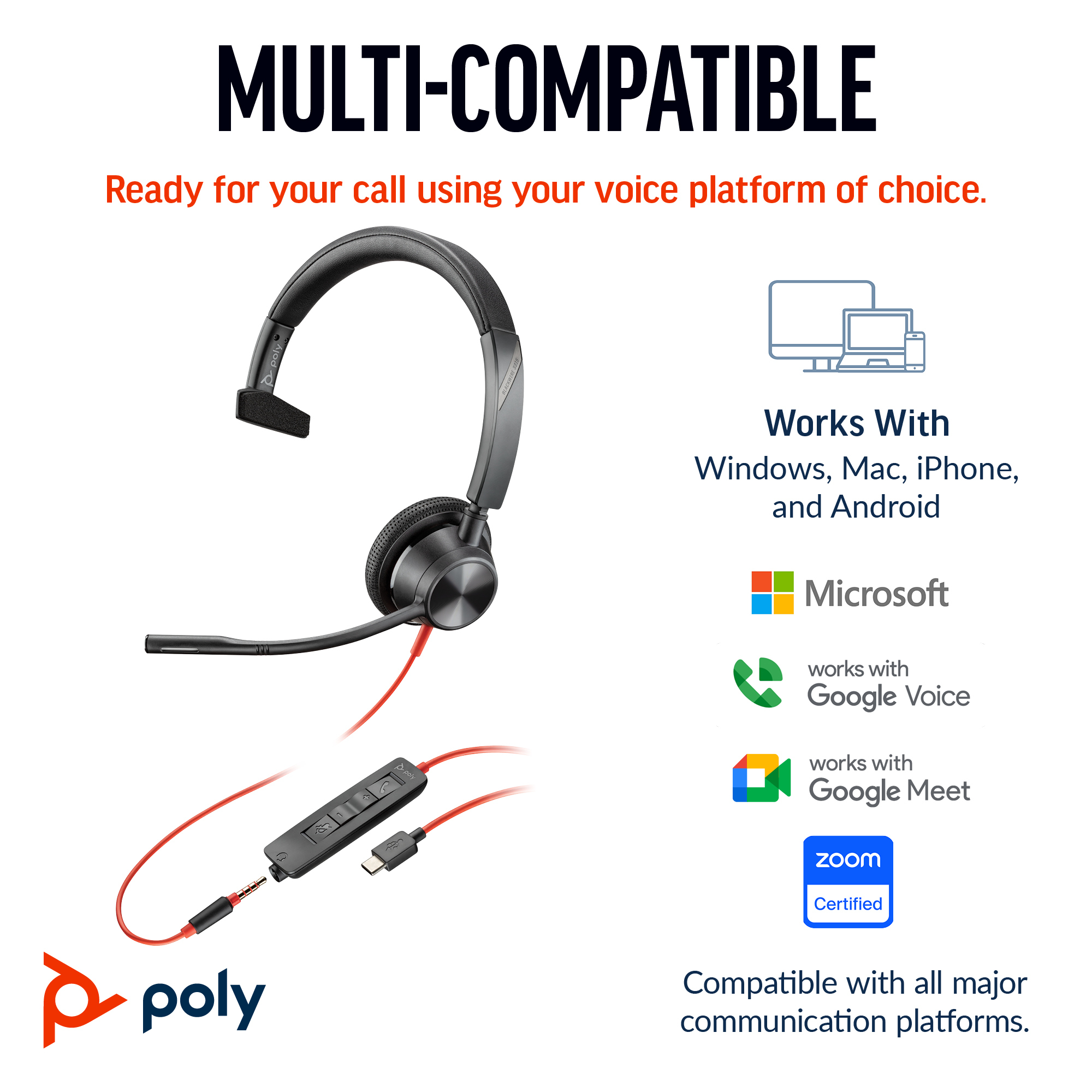 Poly Blackwire 3315 Monaural Microsoft Teams Certified USB-C Headset 8X218AA - Image 2