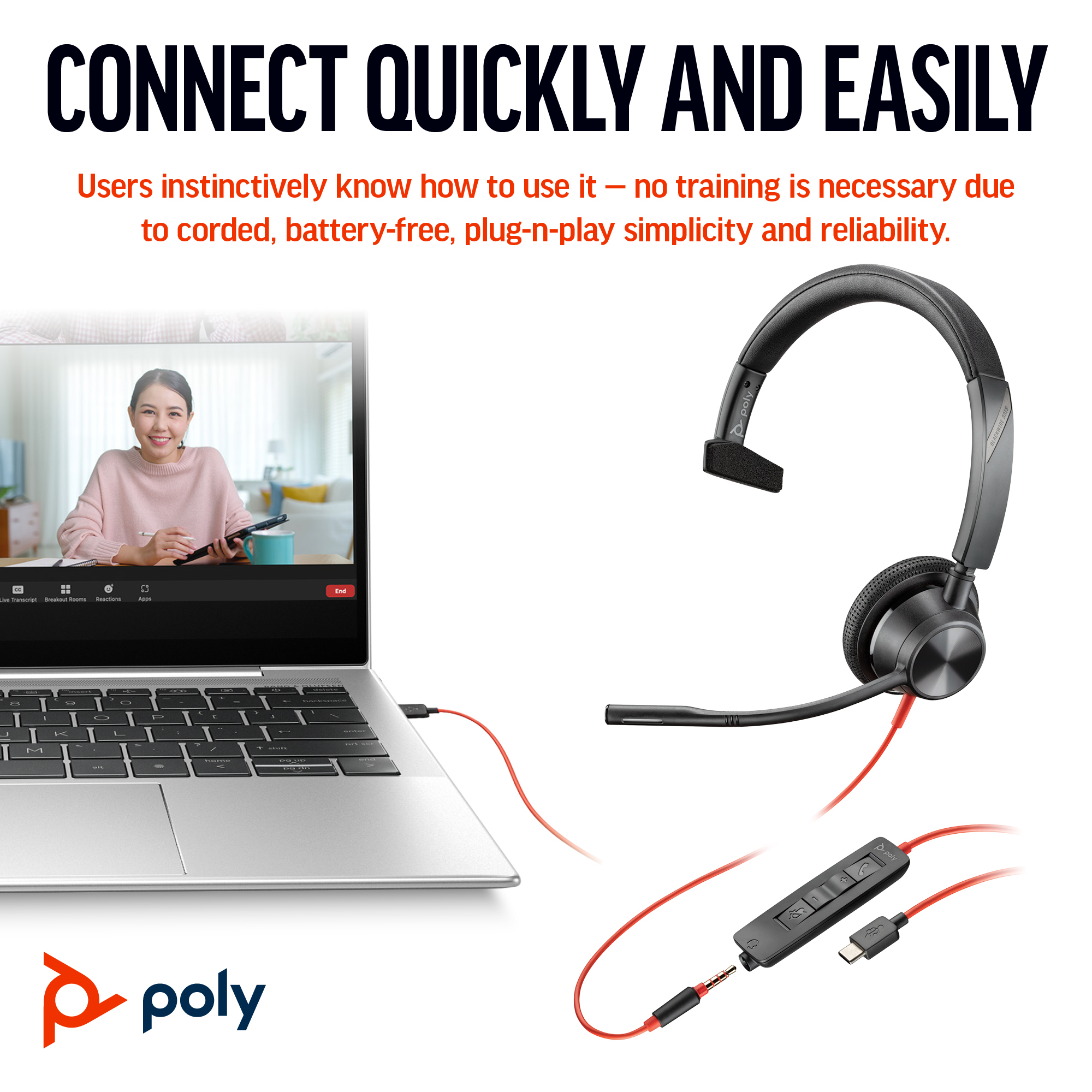 Poly Blackwire 3315 Monaural Microsoft Teams Certified USB-C Headset 8X218AA - Image 4