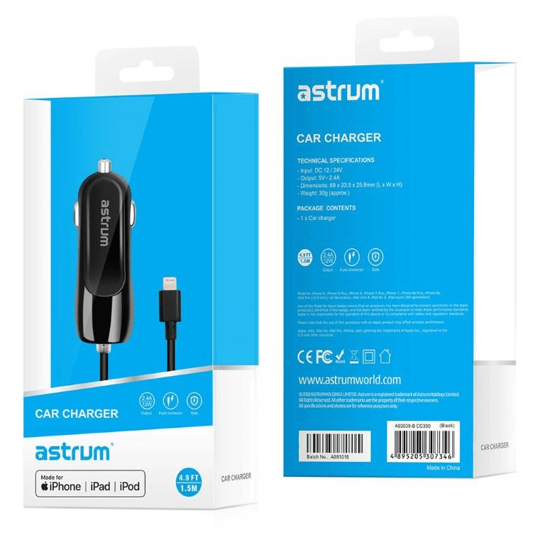 Astrum CC390 8-pin Lightning MFI Car Charger 1.5m Black A93039-B