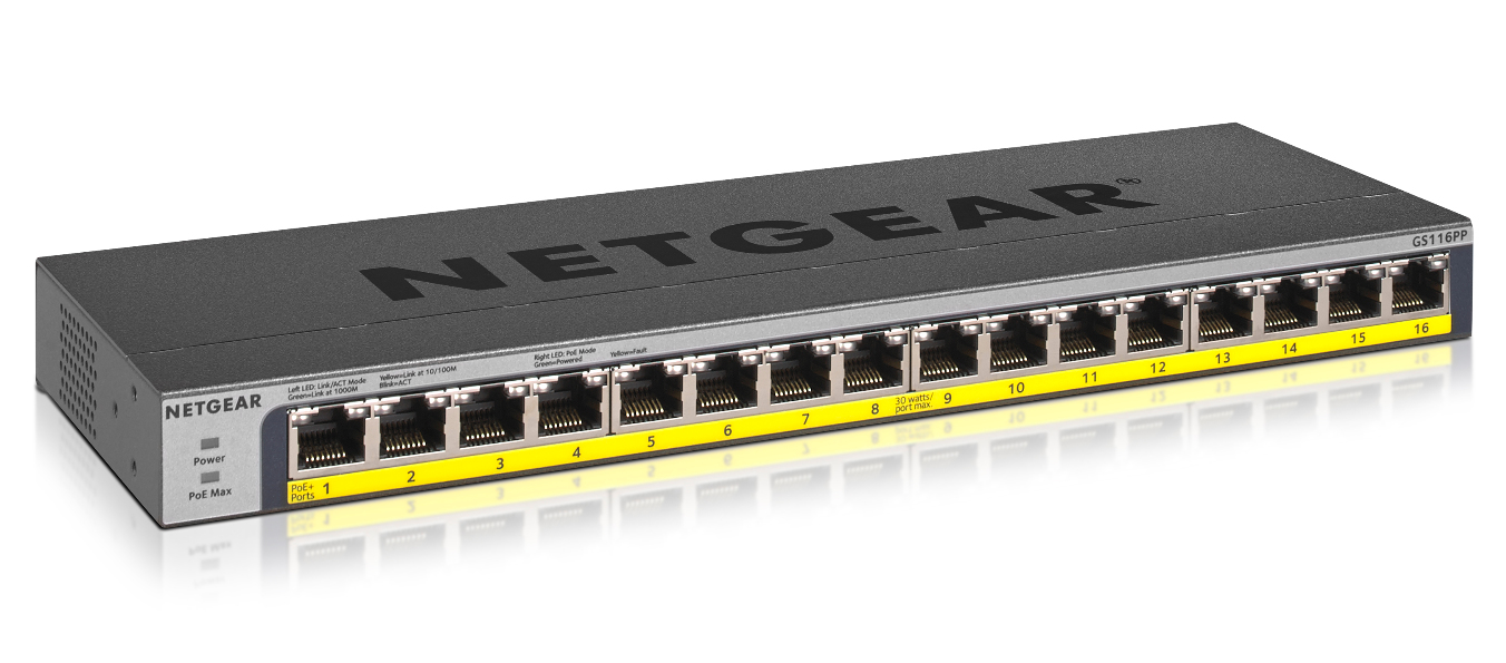 Netgear GS116PP Unmanaged Switch Gigabit Ethernet PoE Black GS116PP-100EUS