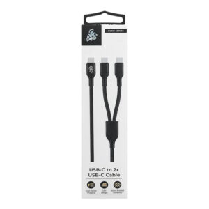 Pro Bass 1.2m Cord Series 15W USB-C to 2x USB-C Braided Charging Cable Black PR-30012-BK
