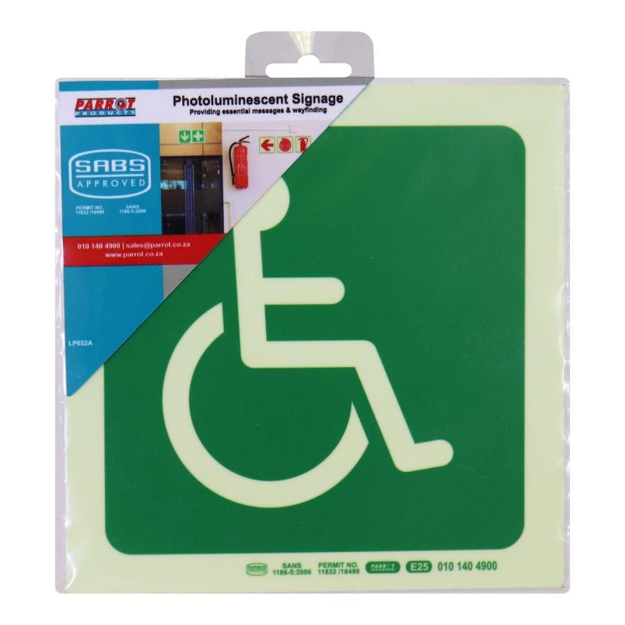 Parrot Photoluminescent 190mm Safety Sign E25 Paraplegic Symbol SNP19E25