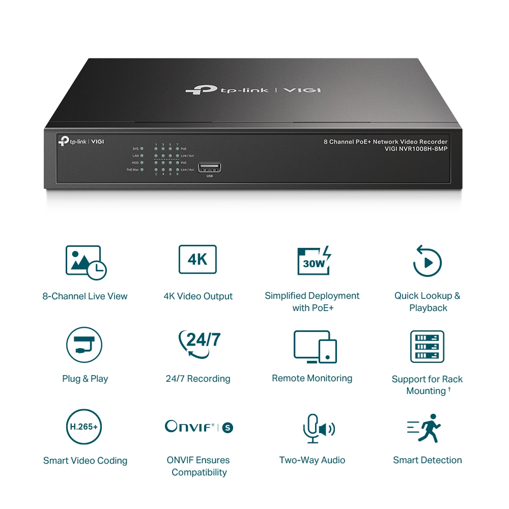 TP-Link Vigi NVR1008H-8MP 8-ch PoE+ Network Video Recorder - Image 2