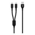 Pro Bass 1.2m Cord Series 15W USB-A to 2x USB-C Braided Charging Cable Black PR-30011-BK